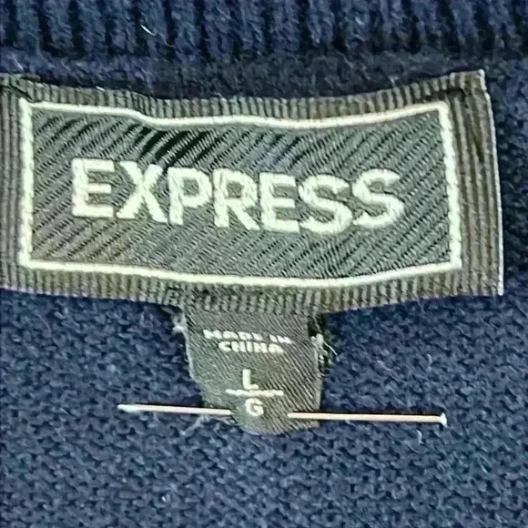 Express Men’s Sweater Size Large Navy and Gray Plaid Front 100% Cotton - Picture 3 of 6